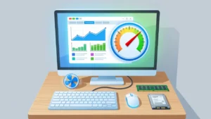 How to repair a slow PC showing Task Manager performance graphs and computer speed upgrade on a desktop screen