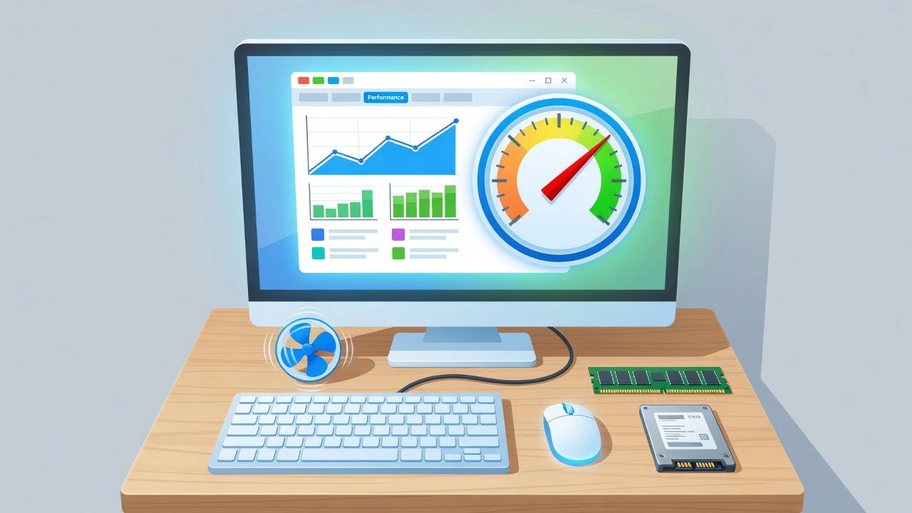 How to repair a slow PC showing Task Manager performance graphs and computer speed upgrade on a desktop screen