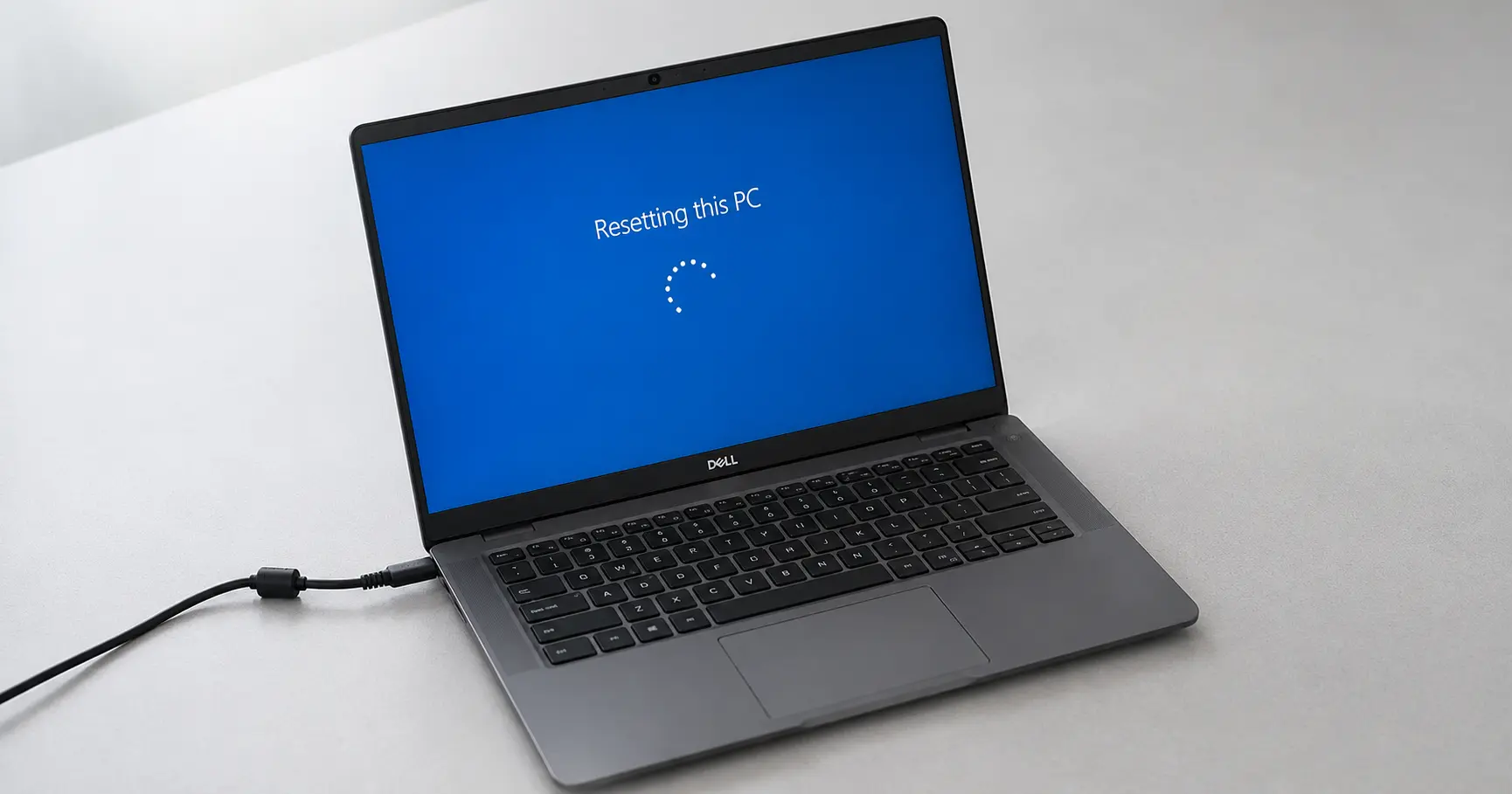 Dell laptop displaying a Windows "Resetting this PC" progress screen with power cable plugged in during a factory reset