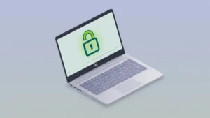 Illustration of an HP laptop with an unlocked padlock on screen, representing how to unlock HP laptop guide