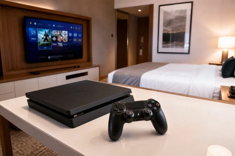 PS4 console and controller on hotel room desk with TV in background, ready to connect to hotel WiFi