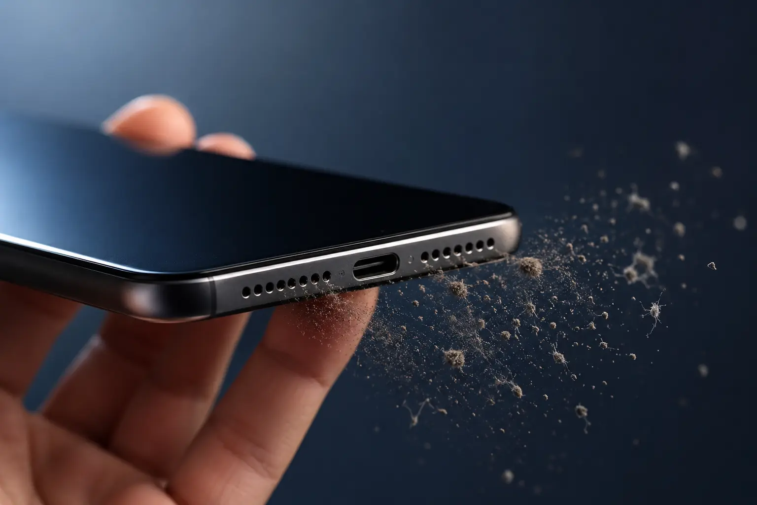 Person holding smartphone on desk with soft brush nearby showing how to fix phone speaker at home