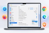 how-to-change-default-browser-on-mac-system-settings-guide MacBook showing macOS System Settings with Desktop and Dock panel open, displaying default web browser dropdown menu with Safari, Chrome, Firefox and Edge options for changing default browser on Mac