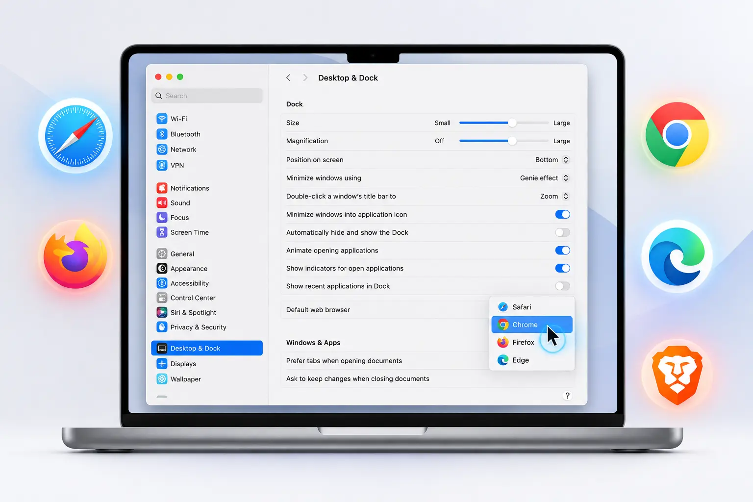 MacBook showing macOS System Settings with Desktop and Dock panel open, displaying default web browser dropdown menu with Safari, Chrome, Firefox and Edge options for changing default browser on Mac