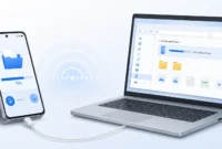 how-to-connect-phone-to-laptop-methods-guide Illustration of a smartphone connected to a laptop showing file transfer in progress representing five methods to connect phone to laptop