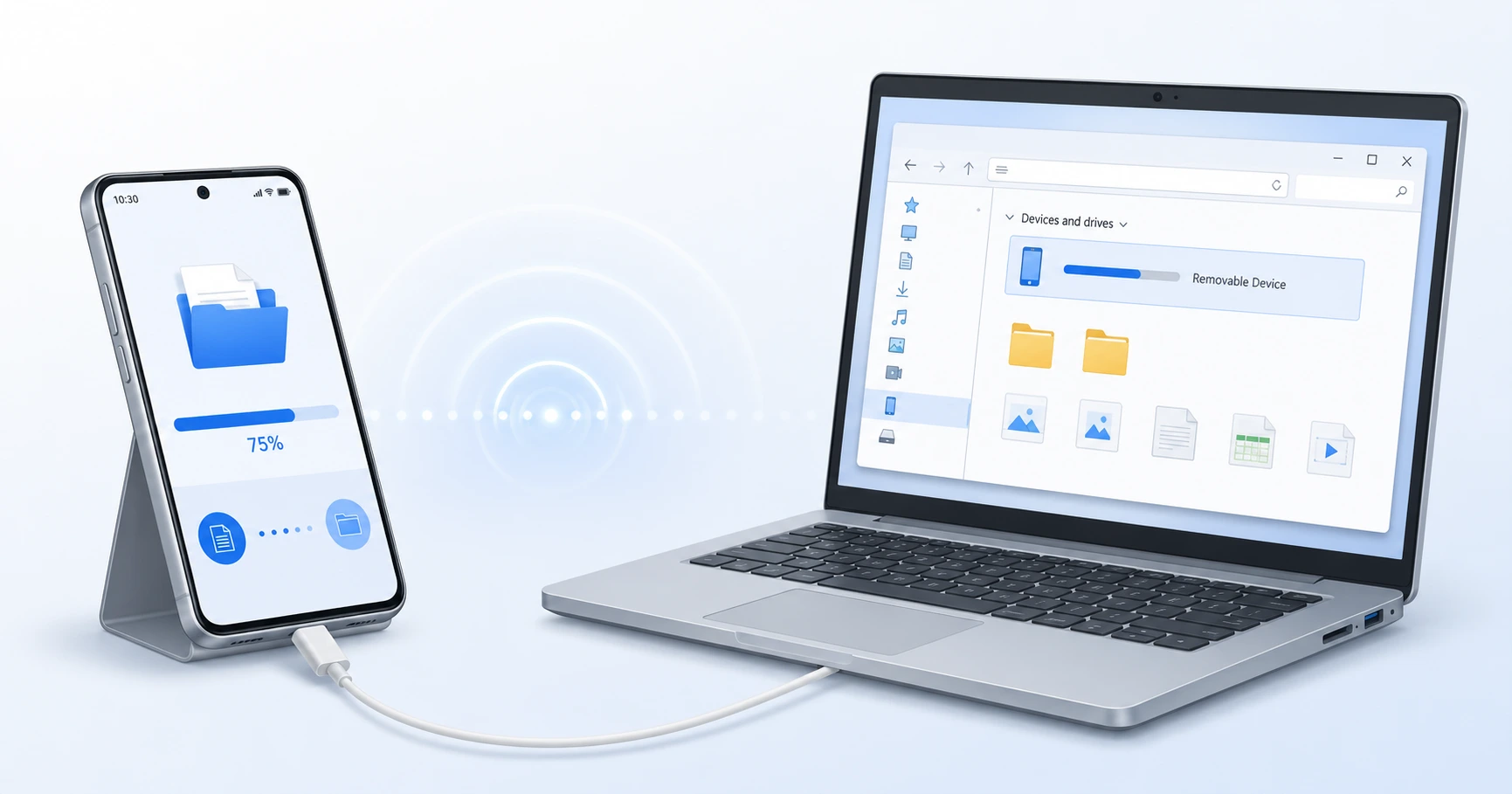 Illustration of a smartphone connected to a laptop showing file transfer in progress representing five methods to connect phone to laptop