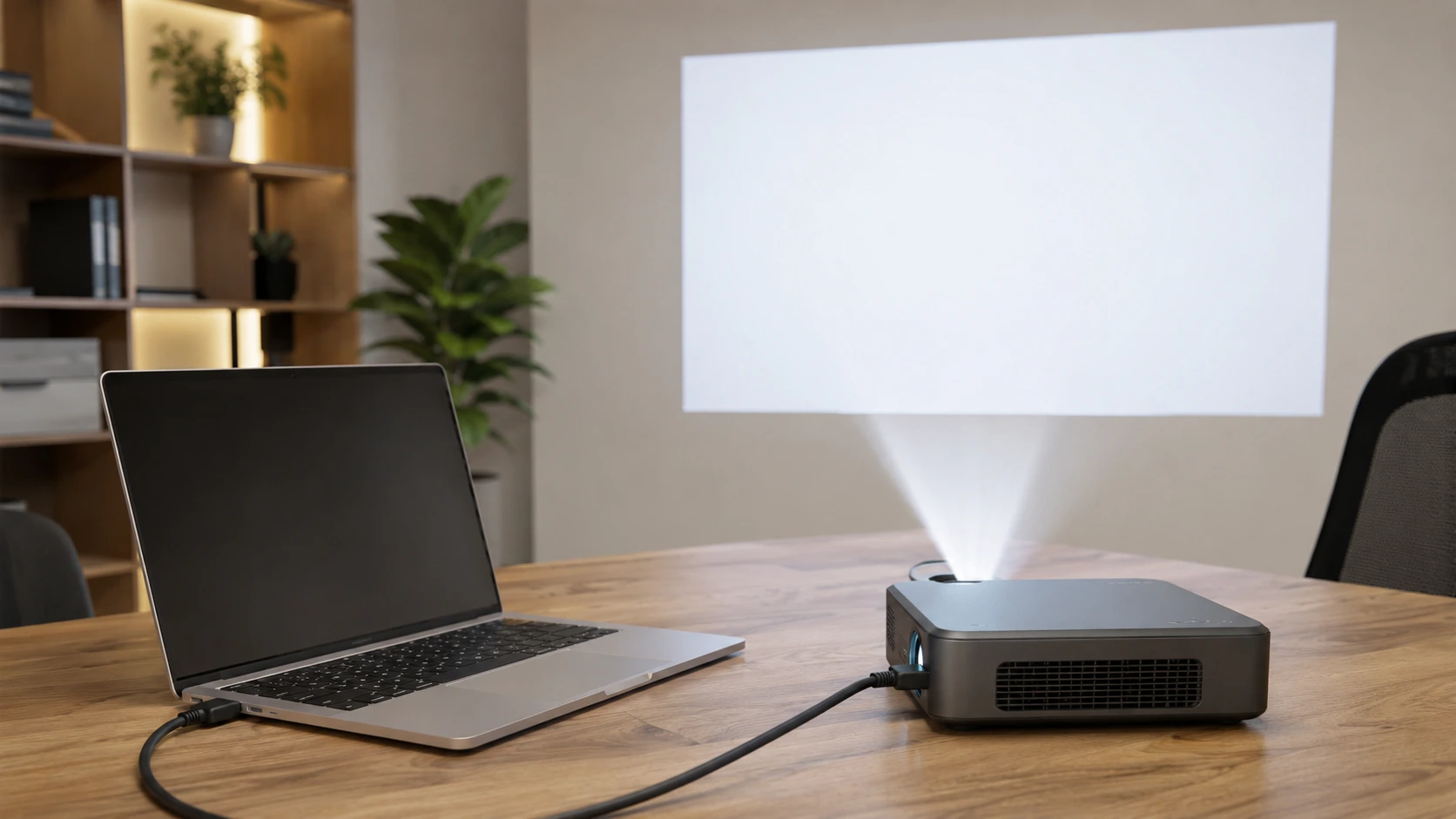 Laptop with HDMI cable connected to a compact projector casting a presentation onto a white wall in a modern workspace