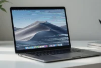 MacBook Pro with screen flickering display issues showing lines and visual distortions on desktop"