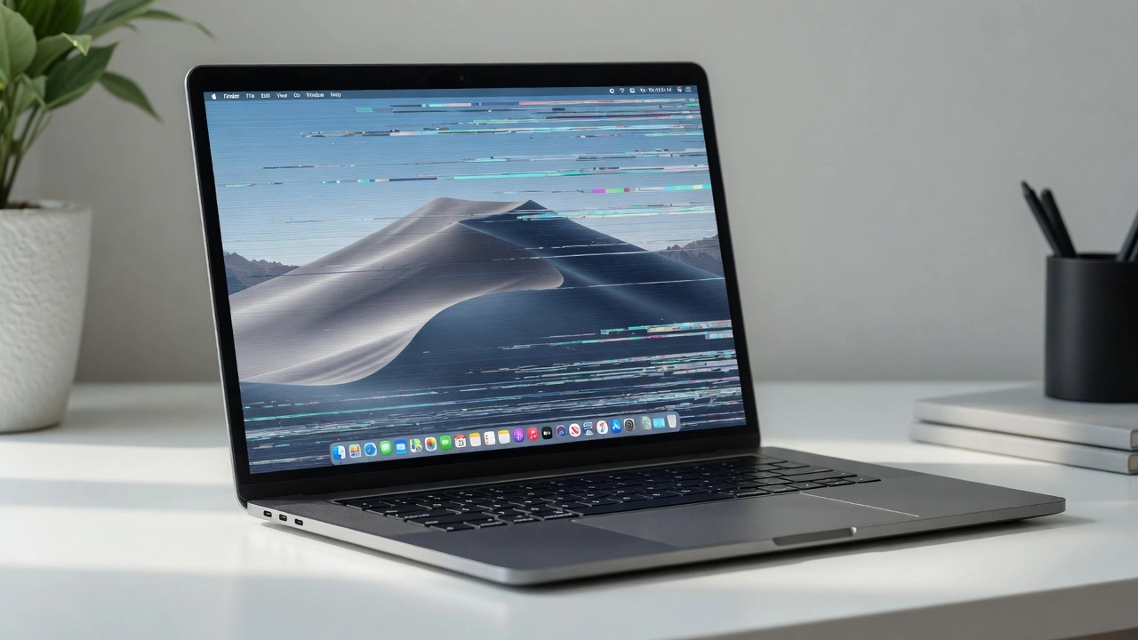 MacBook Pro with screen flickering display issues showing lines and visual distortions on desktop"