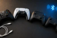 why-wont-my-controller-connect-to-pc-guide-hero Xbox, PlayStation, Switch, and USB controllers on a dark surface with USB cable for PC connection troubleshooting guide