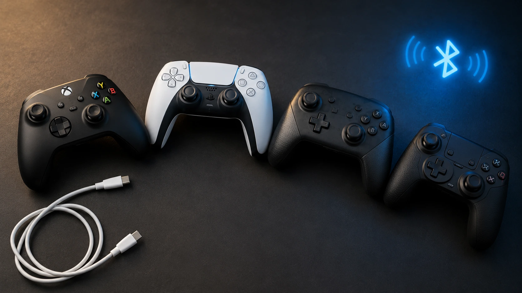 Xbox, PlayStation, Switch, and USB controllers on a dark surface with USB cable for PC connection troubleshooting guide