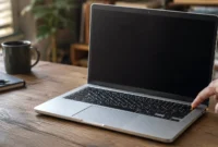 Dell laptop with black screen and glowing power light sitting on desk, illustrating a common display troubleshooting issue