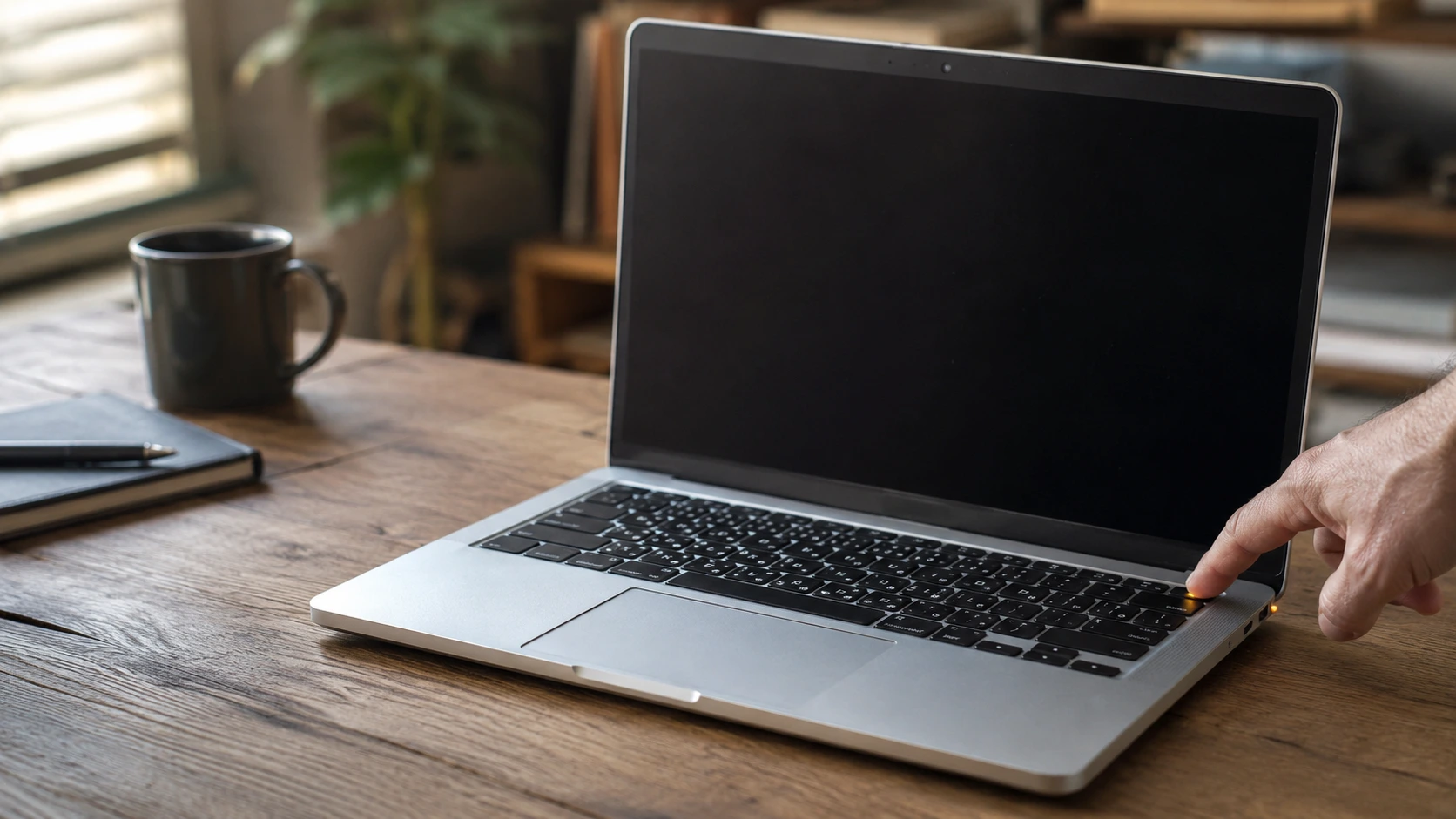 Dell laptop with black screen and glowing power light sitting on desk, illustrating a common display troubleshooting issue