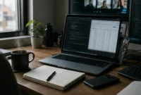 laptop-ram-requirements-2026-business-desk Business professional's laptop and desk setup illustrating laptop RAM requirements 2026 for multitasking and remote work