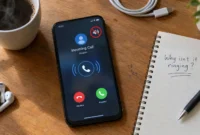 alt="Smartphone lying on desk showing an incoming call notification with no sound, illustrating a phone not ringing problem"