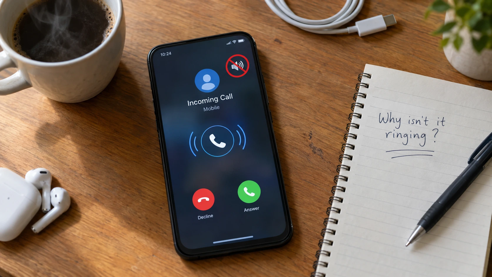 alt="Smartphone lying on desk showing an incoming call notification with no sound, illustrating a phone not ringing problem"